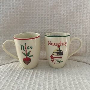 Lenox Holiday Festive Naughty and Nice Mugs Cream with Red and Green Accents NWT
